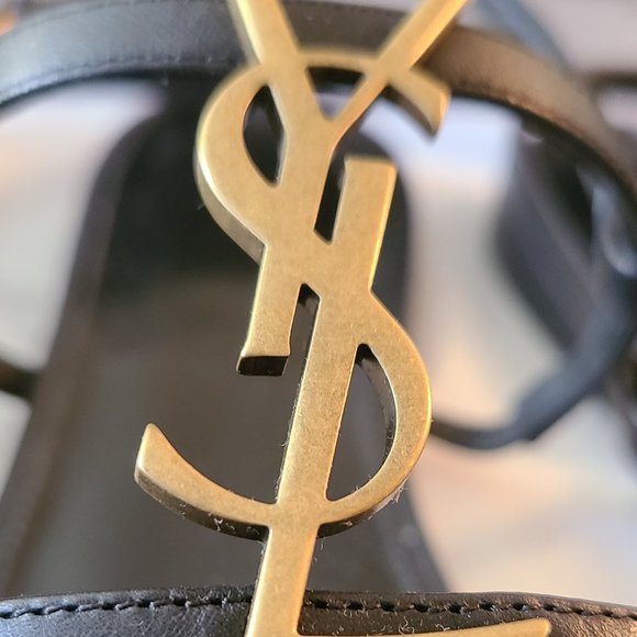 YSL Saint Laurent Cassandra Flat Leather Sandal Black With Gold Ysl LogoSz 39.5 - Picture 15 of 16